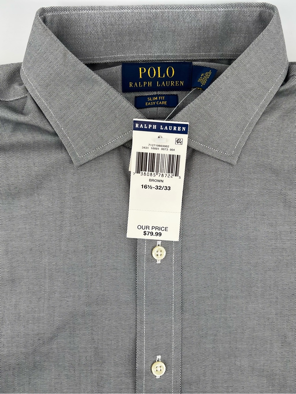Polo Ralph Lauren Mens Slim Fit Easy Care Dress Shirt Brown Grey 16.5 32/33 NWT